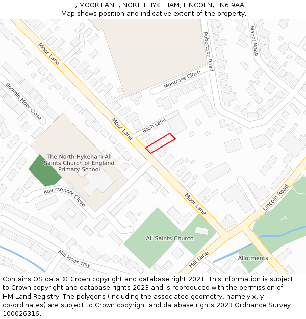 111, MOOR LANE, NORTH HYKEHAM, LINCOLN, LN6 9AA: Location map and indicative extent of plot