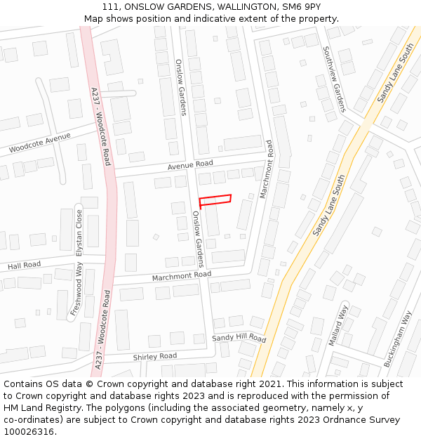 111, ONSLOW GARDENS, WALLINGTON, SM6 9PY: Location map and indicative extent of plot