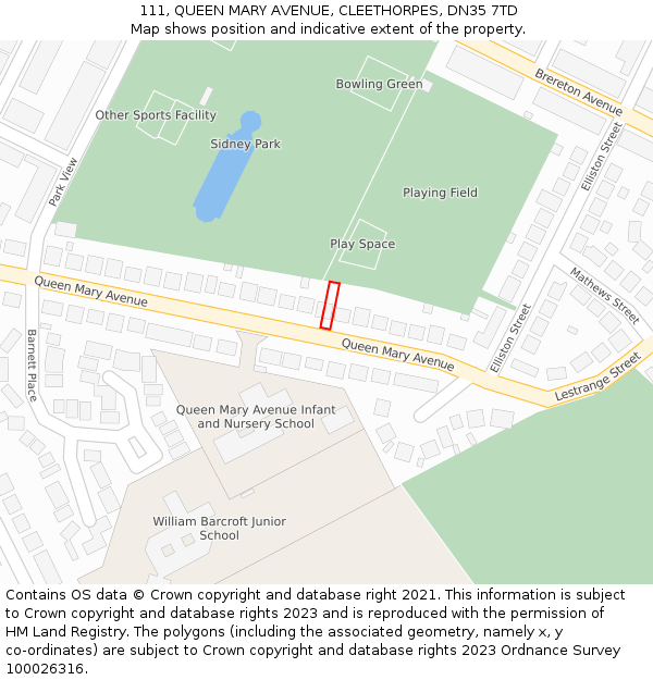 111, QUEEN MARY AVENUE, CLEETHORPES, DN35 7TD: Location map and indicative extent of plot