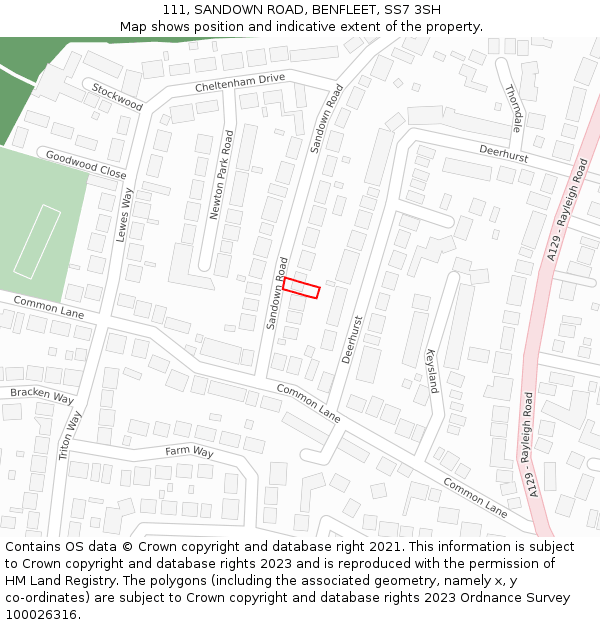 111, SANDOWN ROAD, BENFLEET, SS7 3SH: Location map and indicative extent of plot