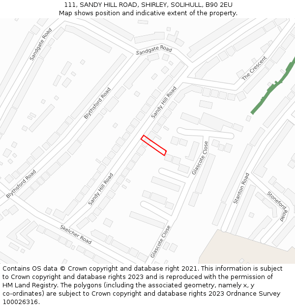 111, SANDY HILL ROAD, SHIRLEY, SOLIHULL, B90 2EU: Location map and indicative extent of plot