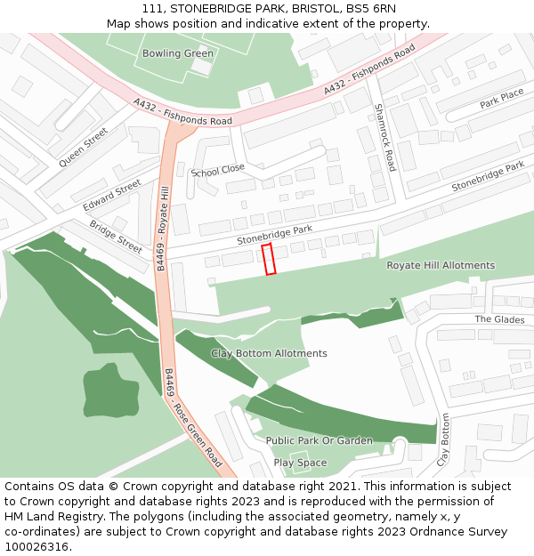 111, STONEBRIDGE PARK, BRISTOL, BS5 6RN: Location map and indicative extent of plot