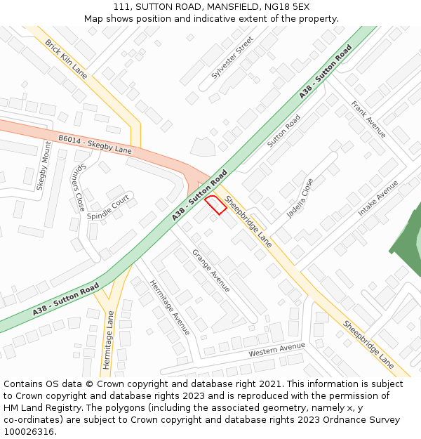 111, SUTTON ROAD, MANSFIELD, NG18 5EX: Location map and indicative extent of plot