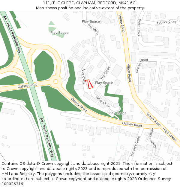 111, THE GLEBE, CLAPHAM, BEDFORD, MK41 6GL: Location map and indicative extent of plot