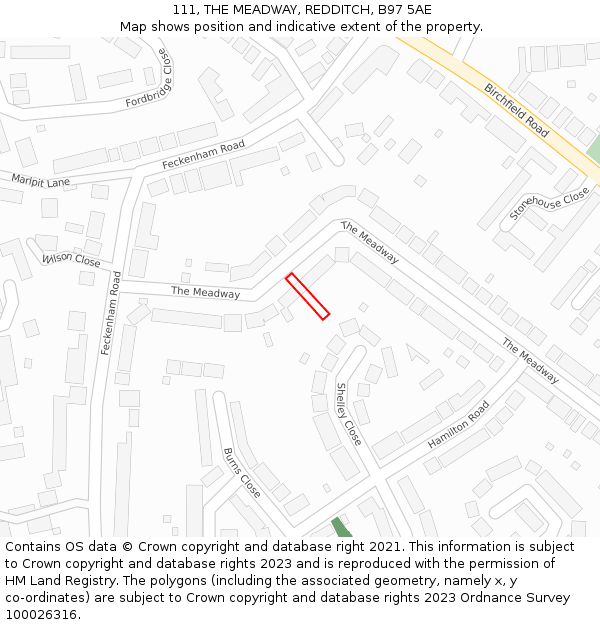 111, THE MEADWAY, REDDITCH, B97 5AE: Location map and indicative extent of plot