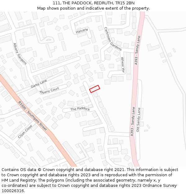 111, THE PADDOCK, REDRUTH, TR15 2BN: Location map and indicative extent of plot