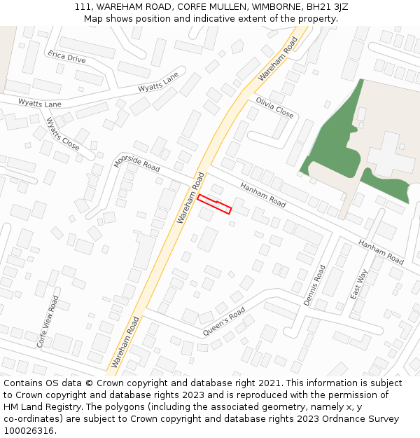 111, WAREHAM ROAD, CORFE MULLEN, WIMBORNE, BH21 3JZ: Location map and indicative extent of plot