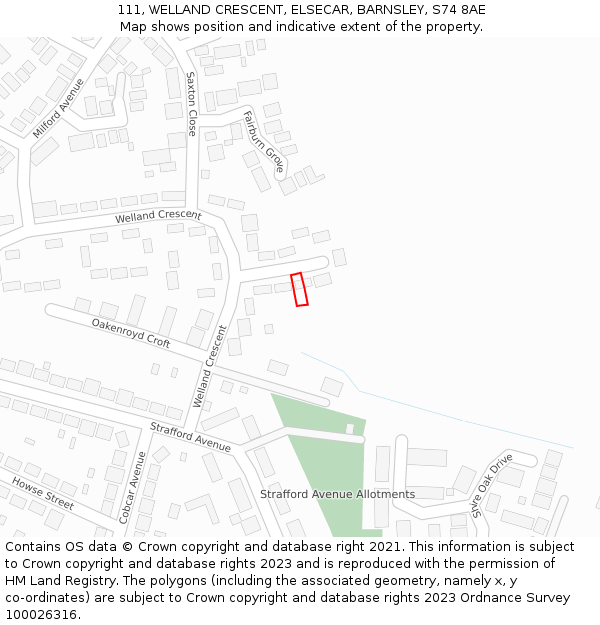 111, WELLAND CRESCENT, ELSECAR, BARNSLEY, S74 8AE: Location map and indicative extent of plot