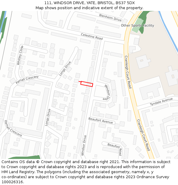 111, WINDSOR DRIVE, YATE, BRISTOL, BS37 5DX: Location map and indicative extent of plot