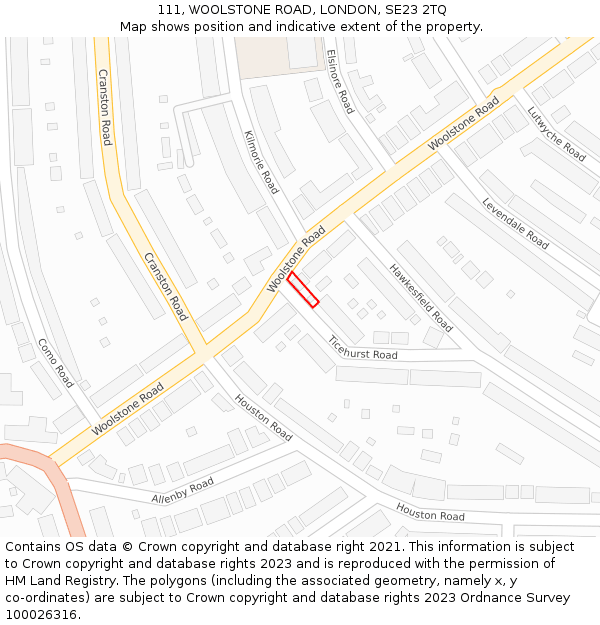 111, WOOLSTONE ROAD, LONDON, SE23 2TQ: Location map and indicative extent of plot