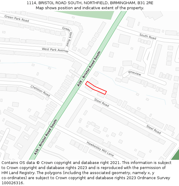 1114, BRISTOL ROAD SOUTH, NORTHFIELD, BIRMINGHAM, B31 2RE: Location map and indicative extent of plot