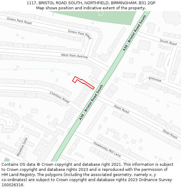 1117, BRISTOL ROAD SOUTH, NORTHFIELD, BIRMINGHAM, B31 2QP: Location map and indicative extent of plot