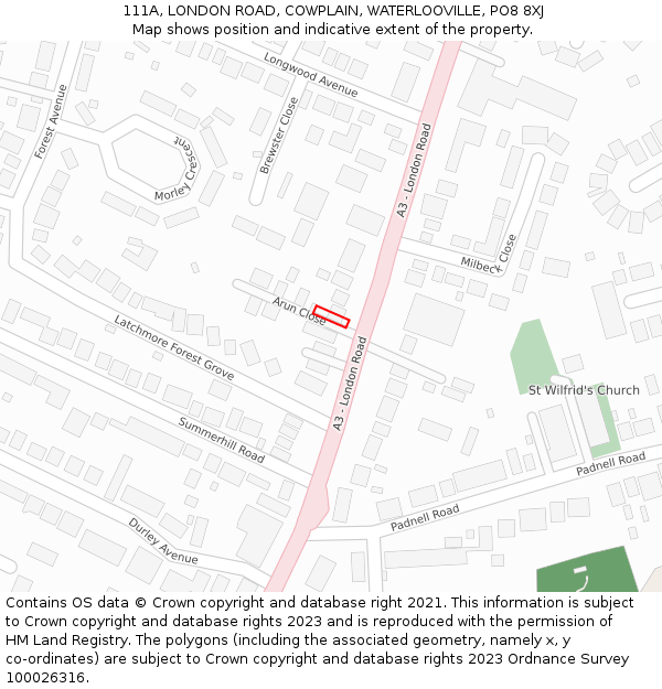 111A, LONDON ROAD, COWPLAIN, WATERLOOVILLE, PO8 8XJ: Location map and indicative extent of plot