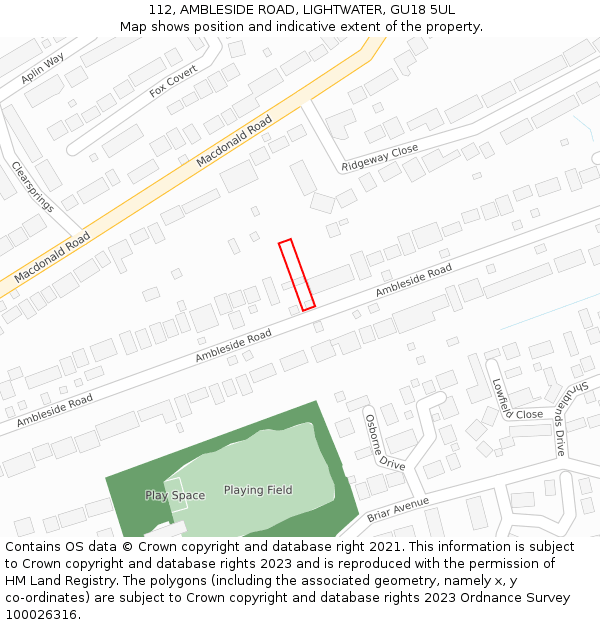 112, AMBLESIDE ROAD, LIGHTWATER, GU18 5UL: Location map and indicative extent of plot