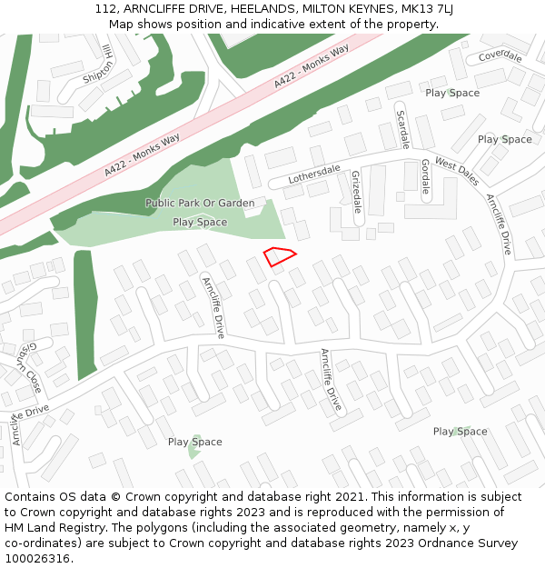 112, ARNCLIFFE DRIVE, HEELANDS, MILTON KEYNES, MK13 7LJ: Location map and indicative extent of plot