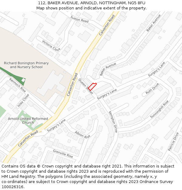 112, BAKER AVENUE, ARNOLD, NOTTINGHAM, NG5 8FU: Location map and indicative extent of plot