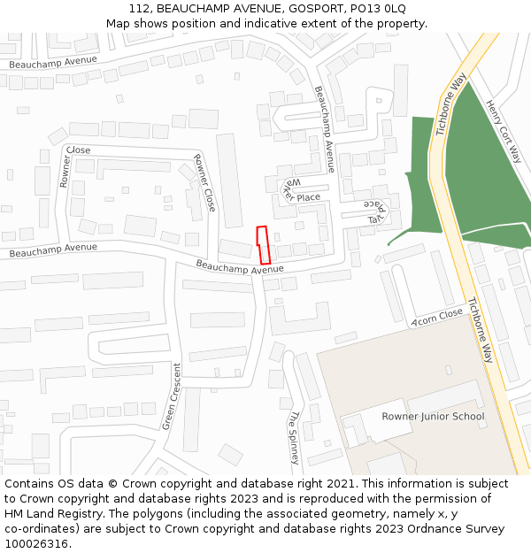 112, BEAUCHAMP AVENUE, GOSPORT, PO13 0LQ: Location map and indicative extent of plot