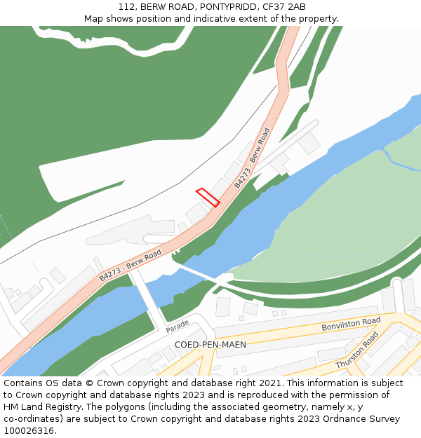 112, BERW ROAD, PONTYPRIDD, CF37 2AB: Location map and indicative extent of plot