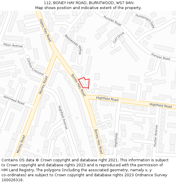 112, BONEY HAY ROAD, BURNTWOOD, WS7 9AN: Location map and indicative extent of plot