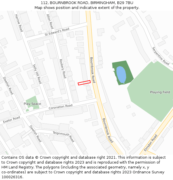 112, BOURNBROOK ROAD, BIRMINGHAM, B29 7BU: Location map and indicative extent of plot