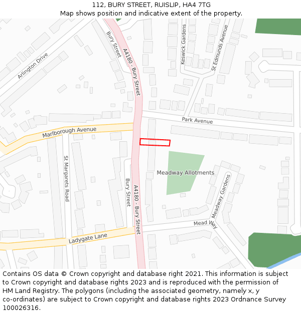 112, BURY STREET, RUISLIP, HA4 7TG: Location map and indicative extent of plot