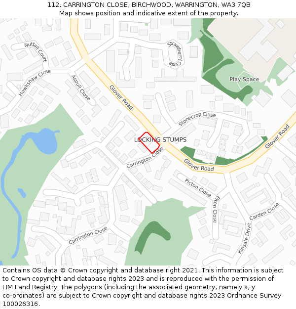 112, CARRINGTON CLOSE, BIRCHWOOD, WARRINGTON, WA3 7QB: Location map and indicative extent of plot