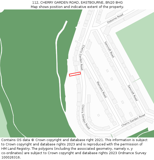 112, CHERRY GARDEN ROAD, EASTBOURNE, BN20 8HG: Location map and indicative extent of plot