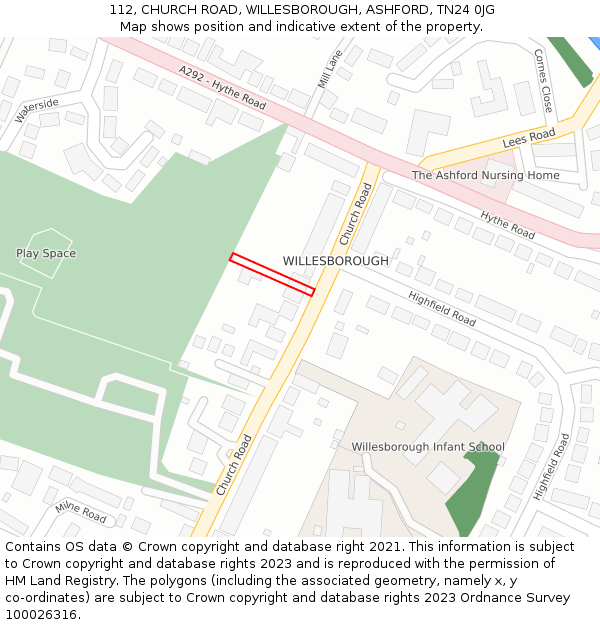 112, CHURCH ROAD, WILLESBOROUGH, ASHFORD, TN24 0JG: Location map and indicative extent of plot