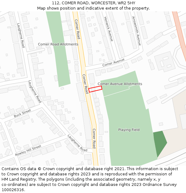 112, COMER ROAD, WORCESTER, WR2 5HY: Location map and indicative extent of plot