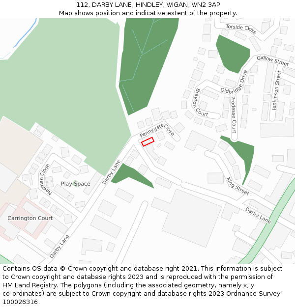 112, DARBY LANE, HINDLEY, WIGAN, WN2 3AP: Location map and indicative extent of plot