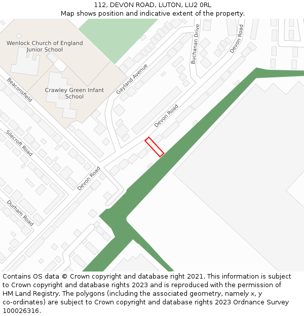 112, DEVON ROAD, LUTON, LU2 0RL: Location map and indicative extent of plot