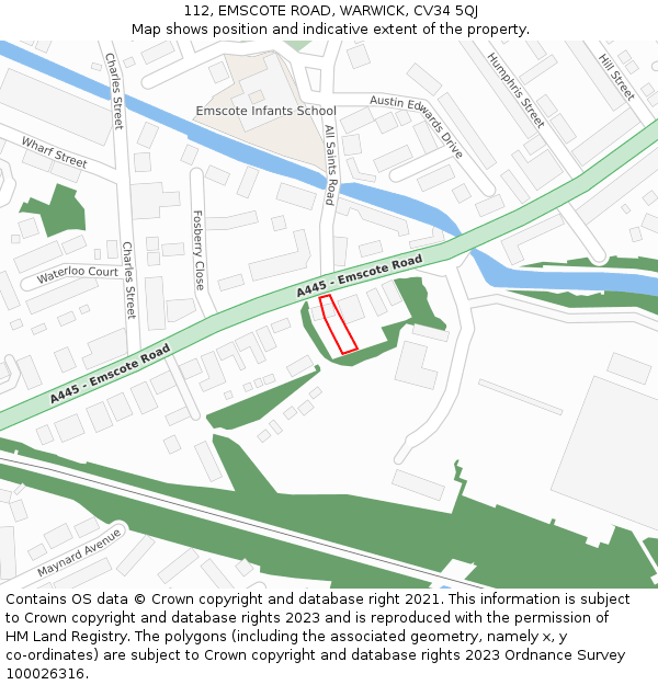 112, EMSCOTE ROAD, WARWICK, CV34 5QJ: Location map and indicative extent of plot