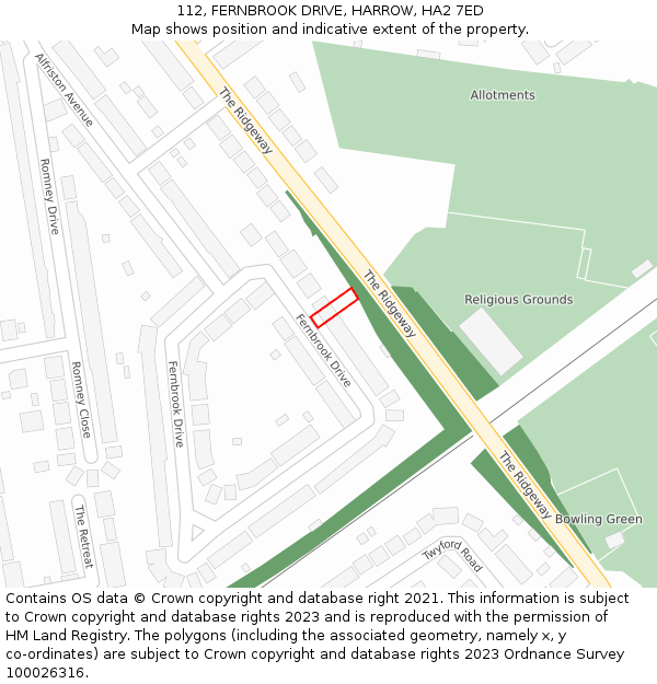 112, FERNBROOK DRIVE, HARROW, HA2 7ED: Location map and indicative extent of plot