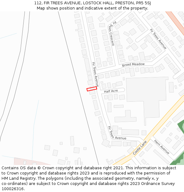 112, FIR TREES AVENUE, LOSTOCK HALL, PRESTON, PR5 5SJ: Location map and indicative extent of plot