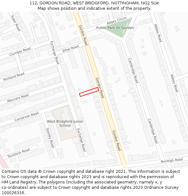 112, GORDON ROAD, WEST BRIDGFORD, NOTTINGHAM, NG2 5LW: Location map and indicative extent of plot