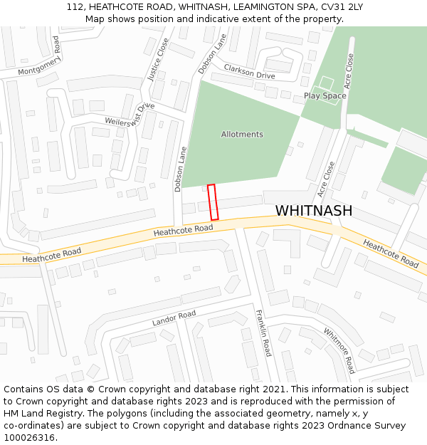 112, HEATHCOTE ROAD, WHITNASH, LEAMINGTON SPA, CV31 2LY: Location map and indicative extent of plot