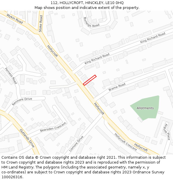 112, HOLLYCROFT, HINCKLEY, LE10 0HQ: Location map and indicative extent of plot