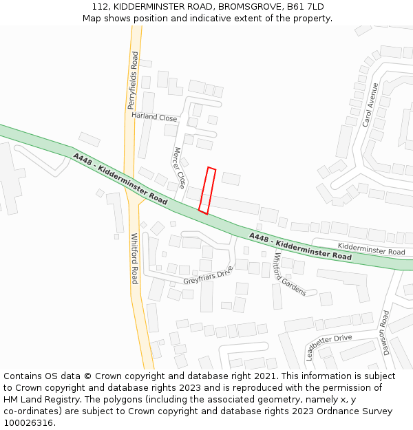 112, KIDDERMINSTER ROAD, BROMSGROVE, B61 7LD: Location map and indicative extent of plot