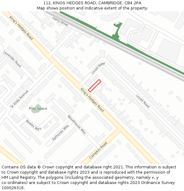 112, KINGS HEDGES ROAD, CAMBRIDGE, CB4 2PA: Location map and indicative extent of plot