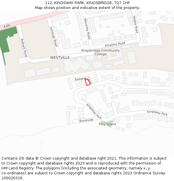 112, KINGSWAY PARK, KINGSBRIDGE, TQ7 1HF: Location map and indicative extent of plot