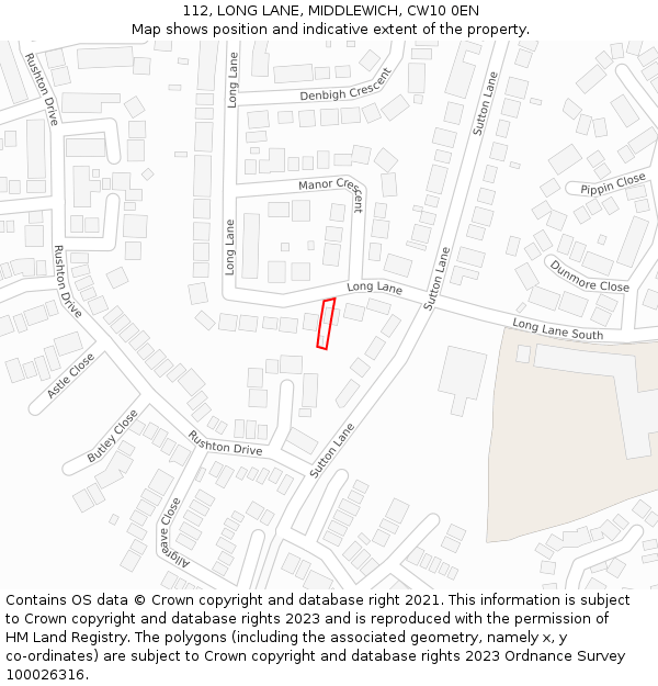 112, LONG LANE, MIDDLEWICH, CW10 0EN: Location map and indicative extent of plot