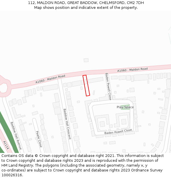 112, MALDON ROAD, GREAT BADDOW, CHELMSFORD, CM2 7DH: Location map and indicative extent of plot