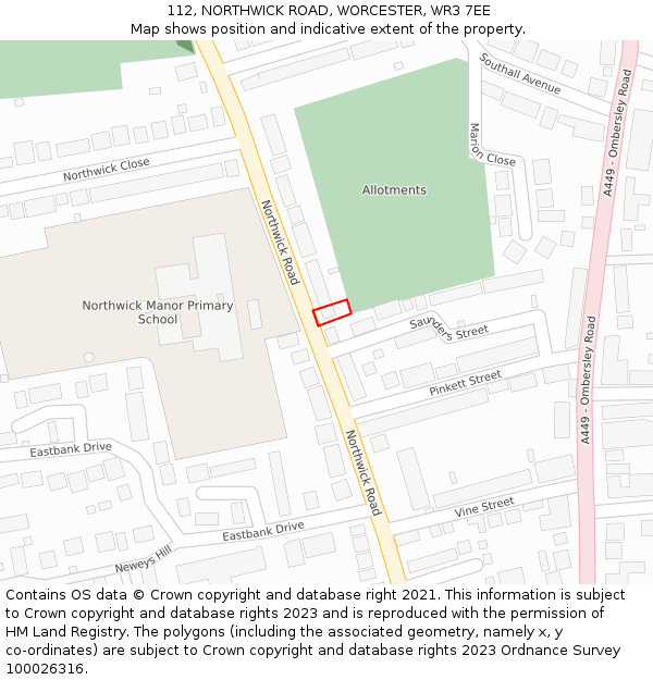 112, NORTHWICK ROAD, WORCESTER, WR3 7EE: Location map and indicative extent of plot