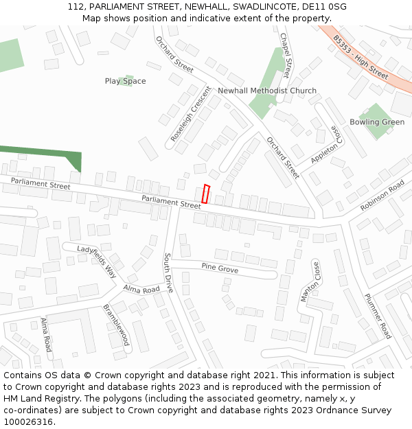 112, PARLIAMENT STREET, NEWHALL, SWADLINCOTE, DE11 0SG: Location map and indicative extent of plot