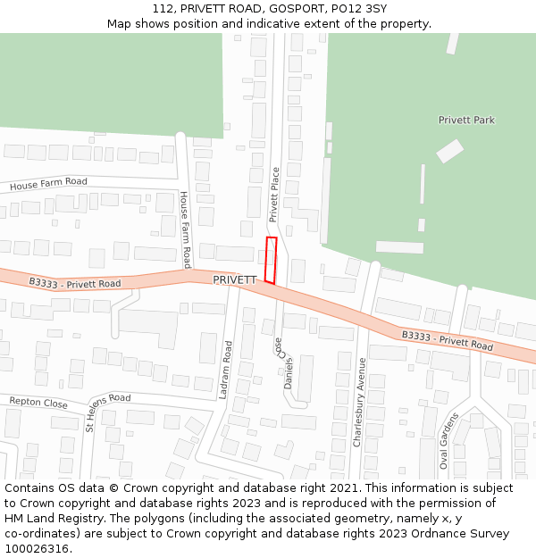 112, PRIVETT ROAD, GOSPORT, PO12 3SY: Location map and indicative extent of plot