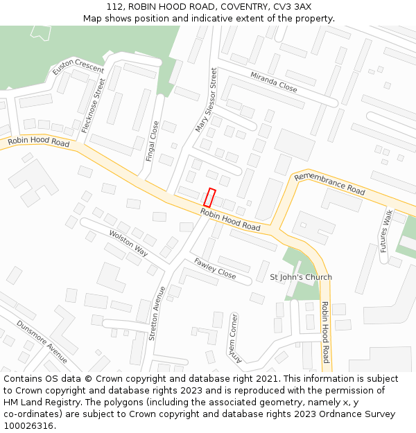 112, ROBIN HOOD ROAD, COVENTRY, CV3 3AX: Location map and indicative extent of plot