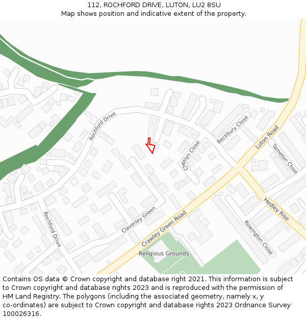 112, ROCHFORD DRIVE, LUTON, LU2 8SU: Location map and indicative extent of plot