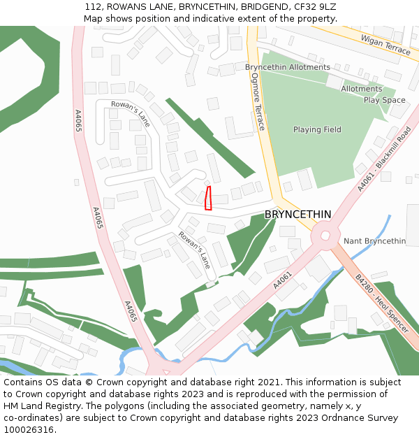 112, ROWANS LANE, BRYNCETHIN, BRIDGEND, CF32 9LZ: Location map and indicative extent of plot