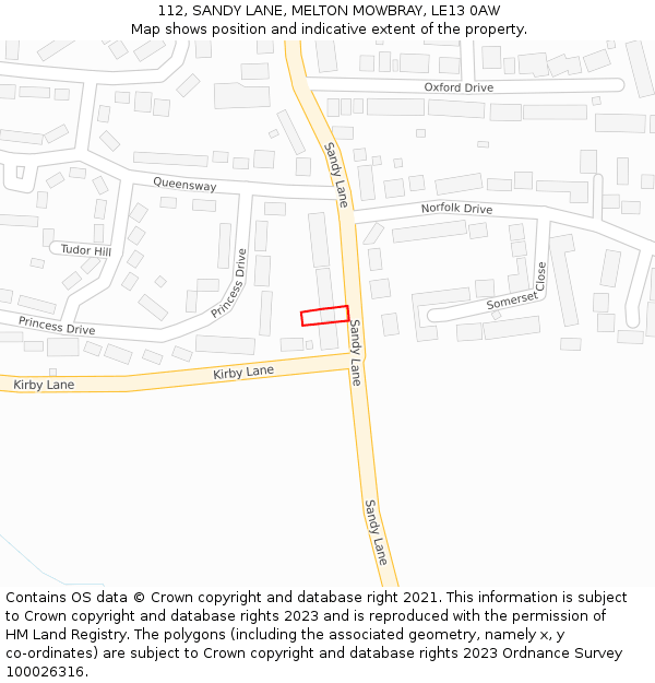 112, SANDY LANE, MELTON MOWBRAY, LE13 0AW: Location map and indicative extent of plot