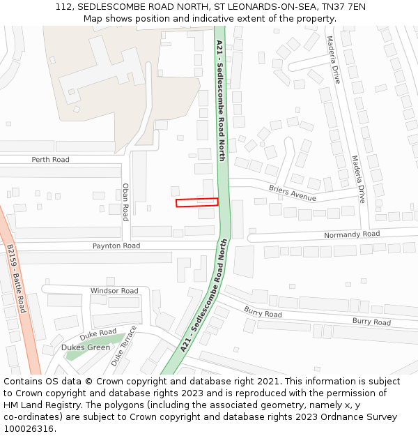 112, SEDLESCOMBE ROAD NORTH, ST LEONARDS-ON-SEA, TN37 7EN: Location map and indicative extent of plot